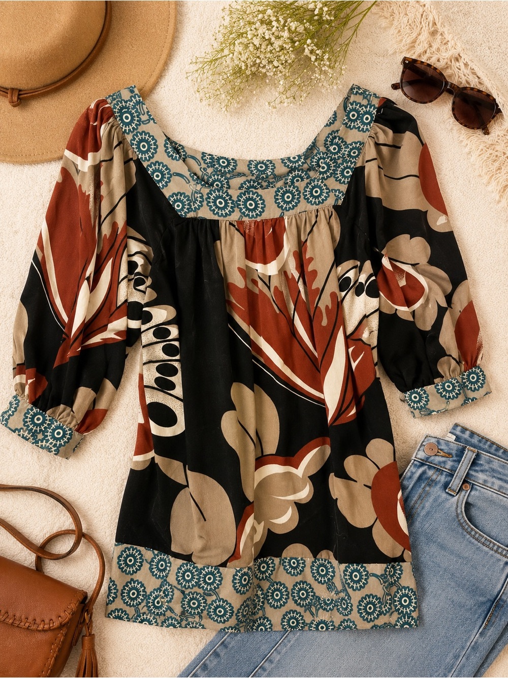 Boho Floral Square-Neck Peasant Top — Black & Rust